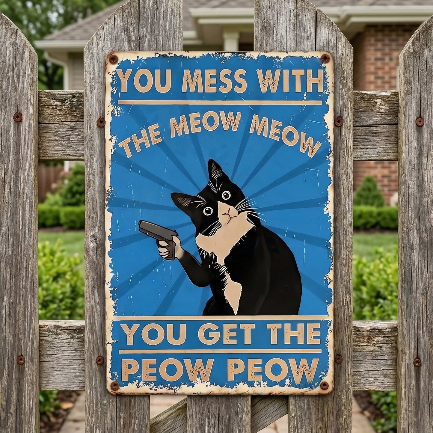 Vintage Black & White Cat Sign – Funny “You Mess With The Meow Meow, You Get The Peow Peow” Wall Decor 😂🐱